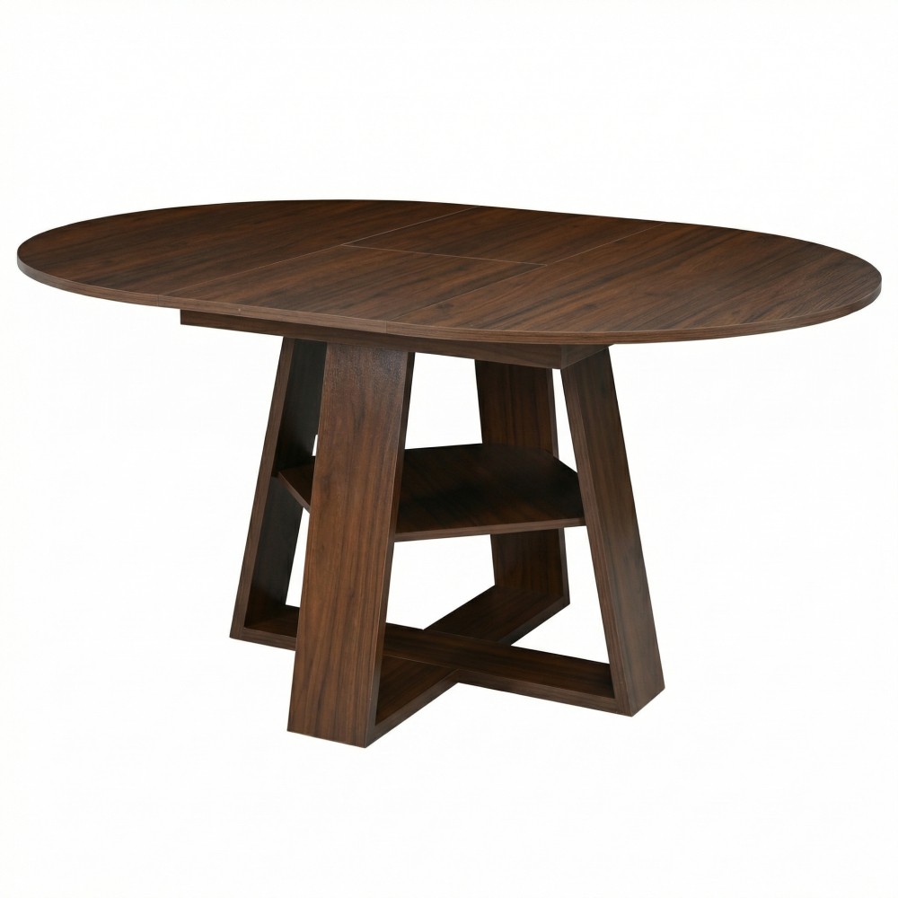43-59″ Extendable Round Dining Table, Walnut, Space-Saving with Storage Shelf