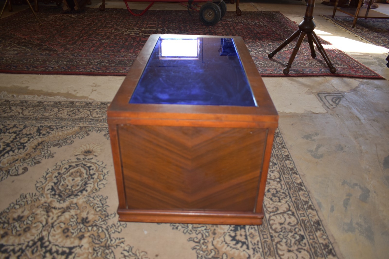Art Deco Coffee Table Blue Tinted Glass Top Vintage Furniture