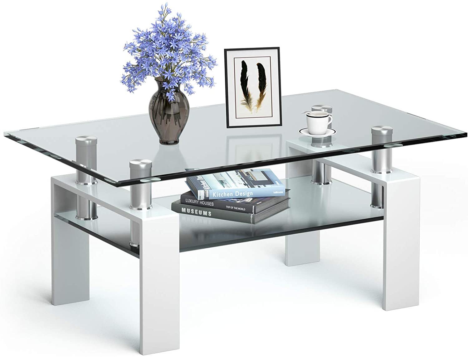 Modern Side Center Tables Rectangle Coffee Table Glass Living Room With Shelf