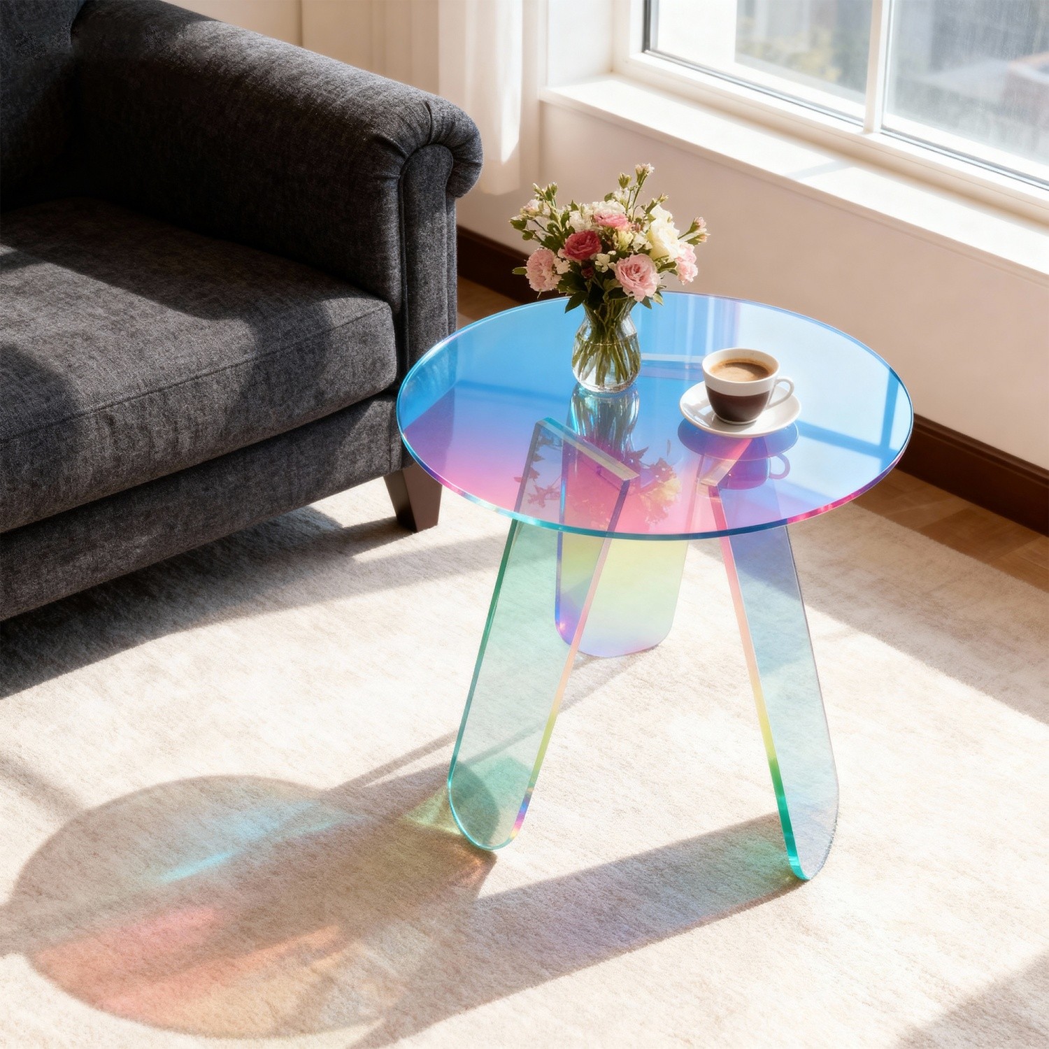 Round Iridescent Side Table Acrylic End Table w/ PVC Table Cover for Living Room