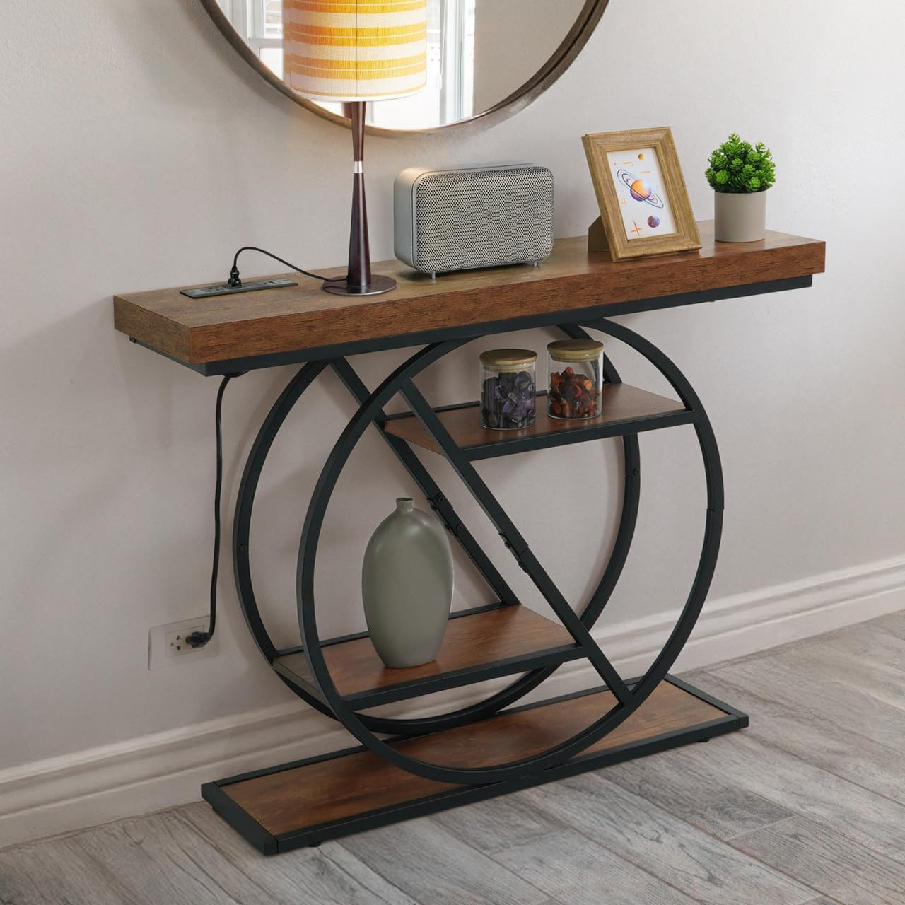 41” Unique Design 4-Tier Industrial Thick Sofa Console Table W/Storage & Chargin