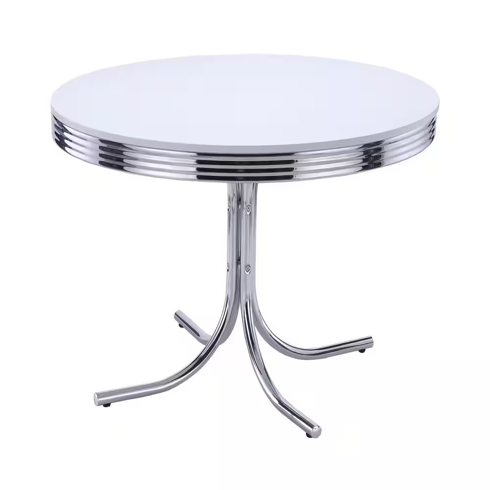 Retro Glossy White and Chrome Wood Top round Pedestal Dining Table Seats 4