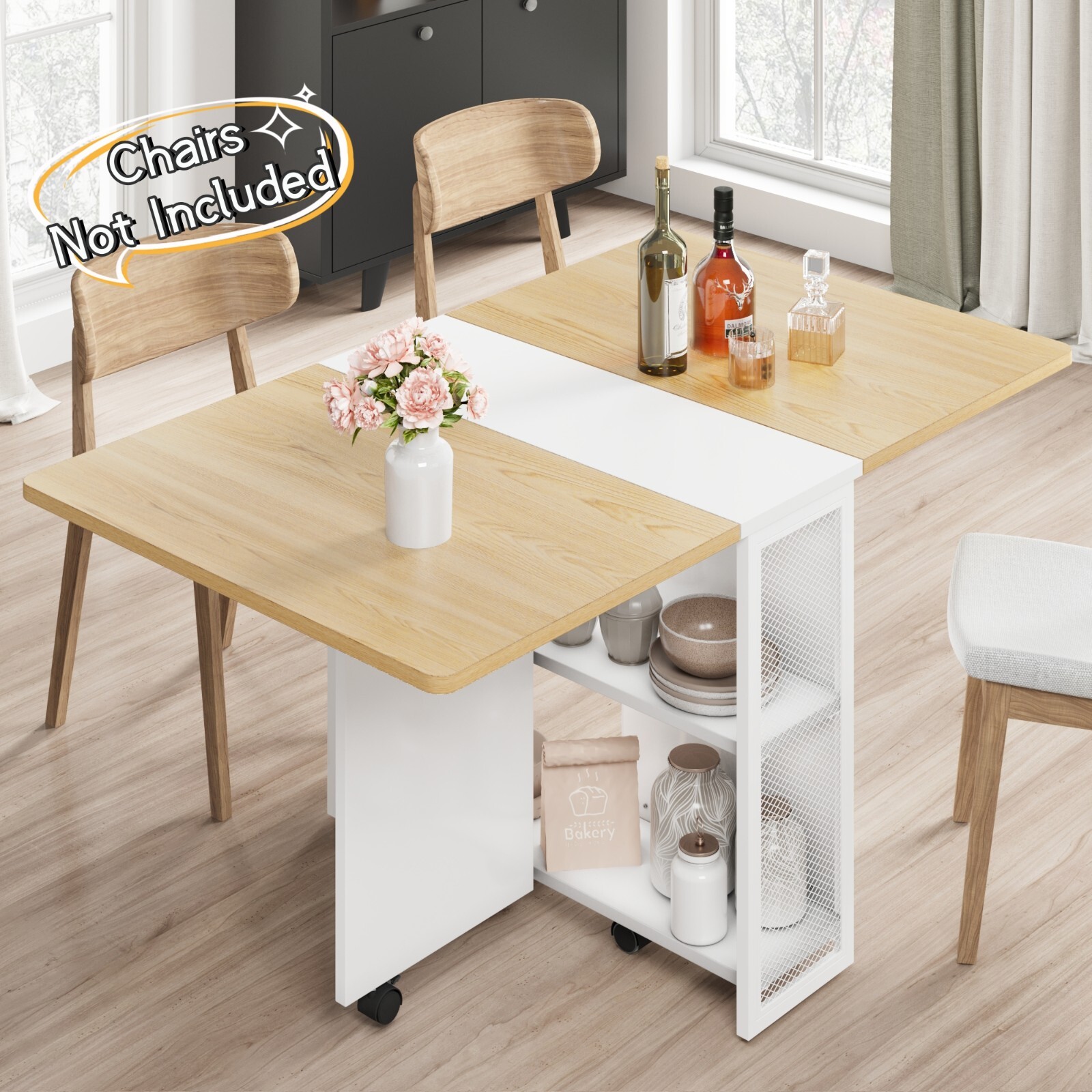 Folding Dining Table with 6 Wheels Storage Racks for Small Kitchen Saving Space
