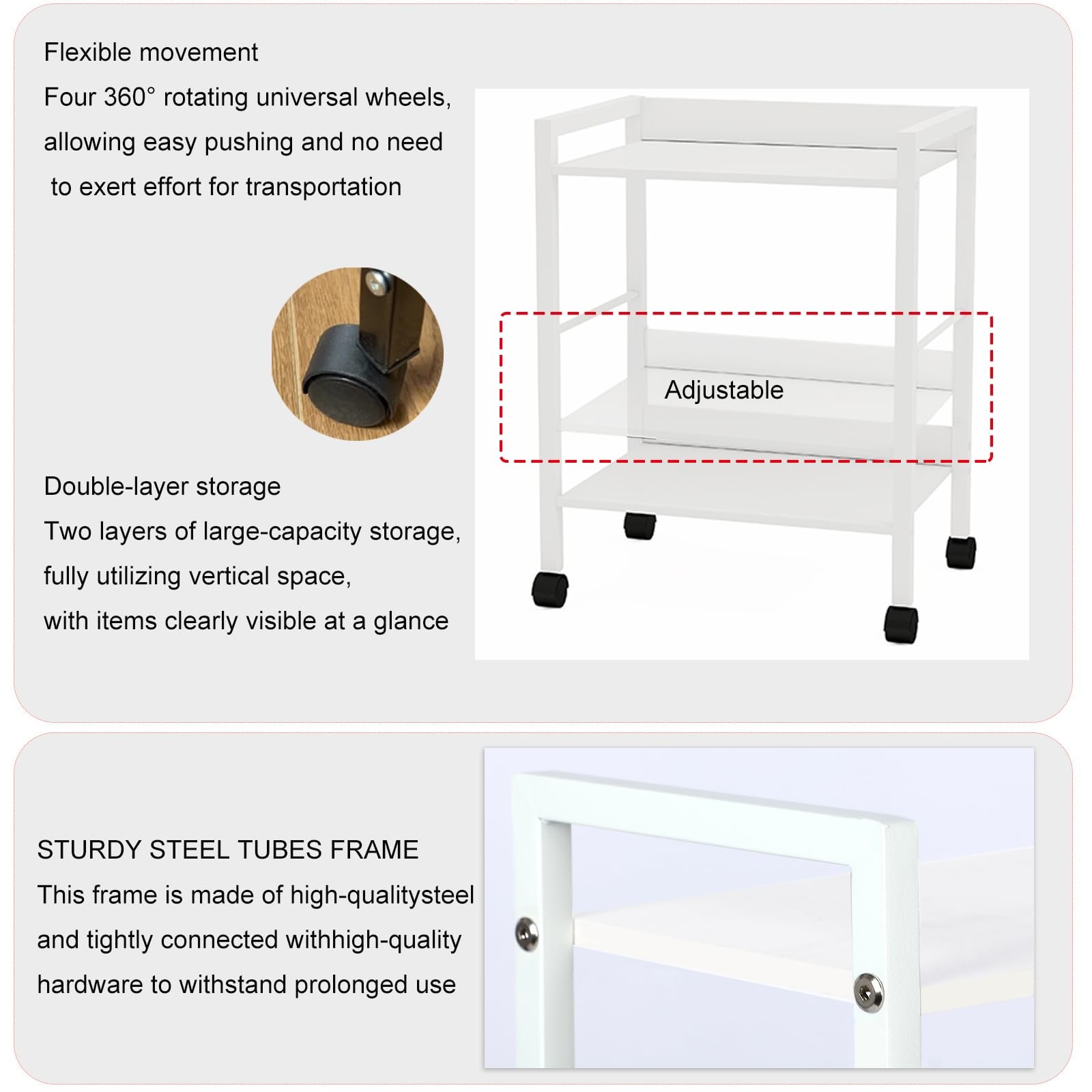 Aopark 2-Tier Rolling Utility Cart with White Shelves and White Metal Frame, …