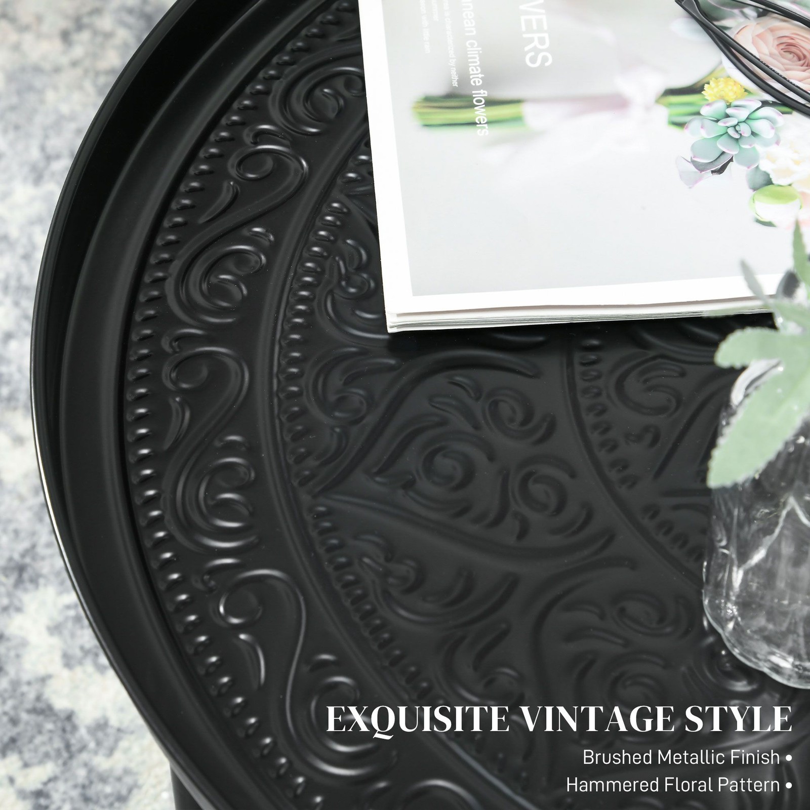 Durable Side Table with Hammered Top, 24in Wide, 15.7in High, Black