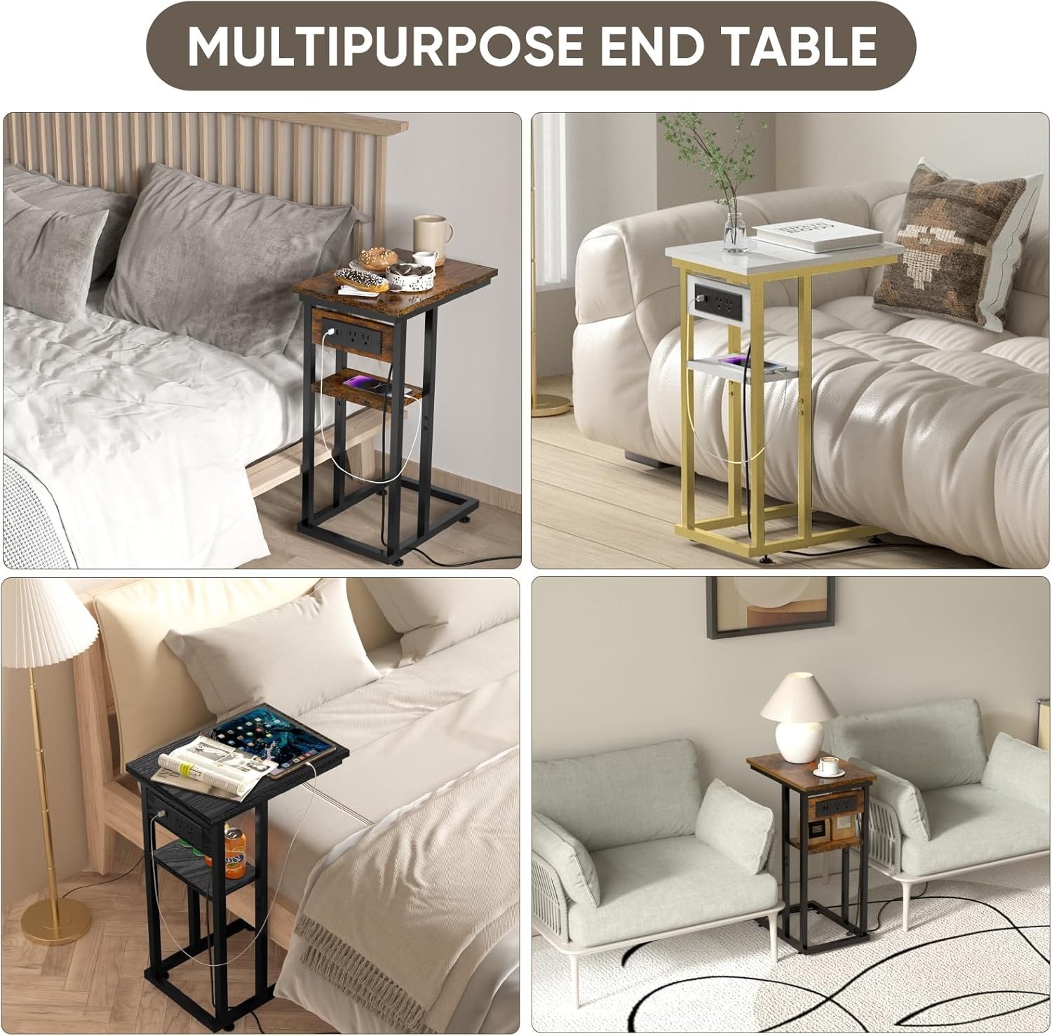 End Table with Charging Station and 2 USB Ports, C Table Storage Shelves, Couch