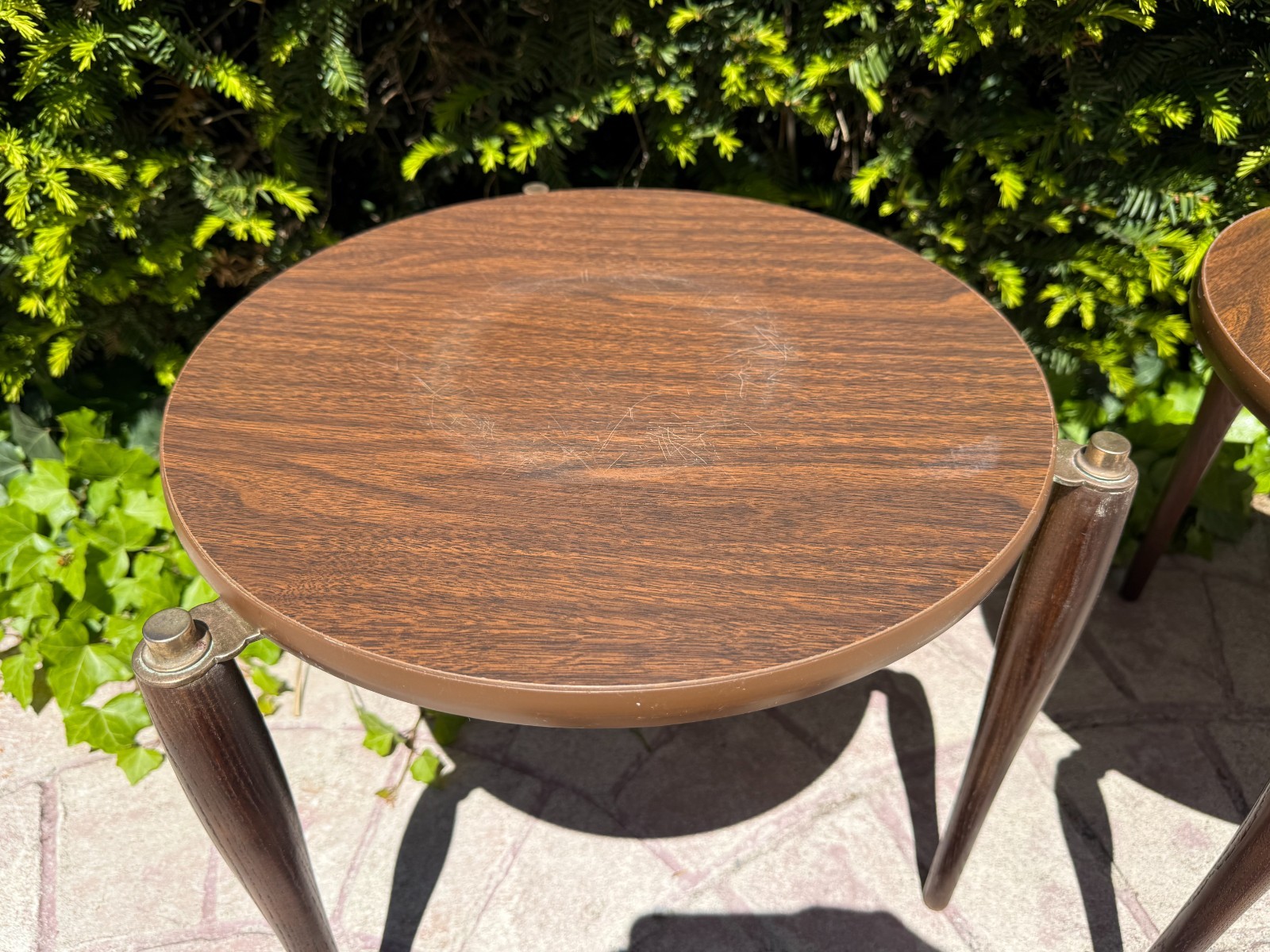 Mid Century Walnut Stacking Round Side Tables – Set of 3 Nesting Tables VTG