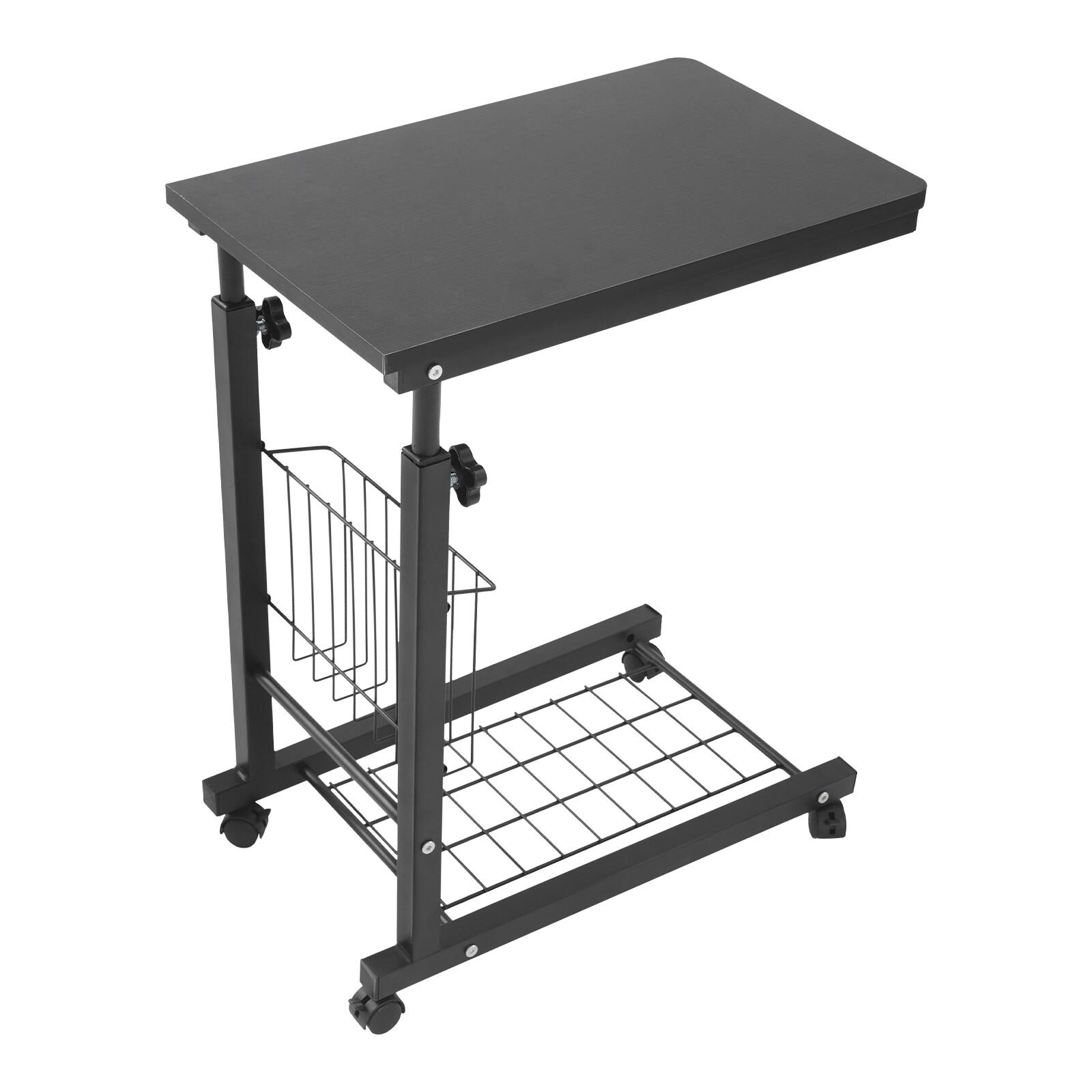 2 Tiers Adjustable Bed Side Table Black Indoor Mobile Standalone Table w/ Wheels