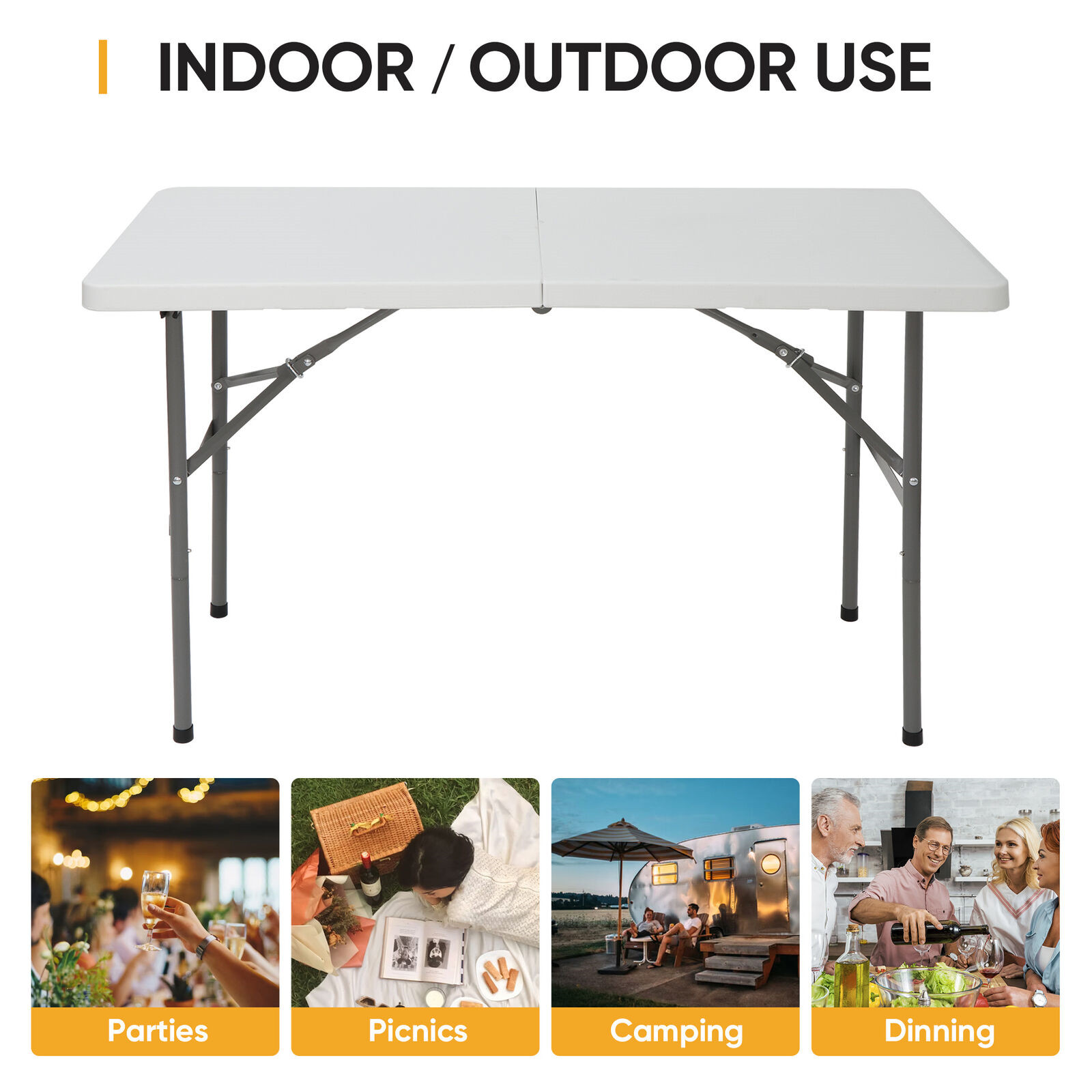 4FT Folable Table Portable w/Handle Safety Lock Outdoor & Indoor White Camping