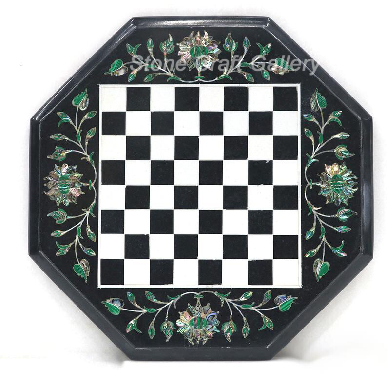 15″ marble Chess Game Table top semi precious stones floral work handmade