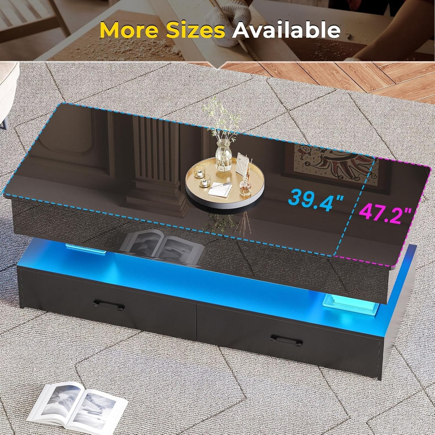 47.2″ Lift Top Coffee Table wih 2 Drawers & LED Light for Dining Reception Room
