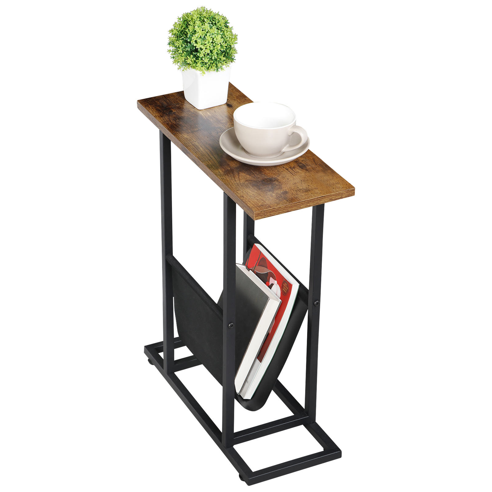 Side Table End Table with Magazine Holder for Living Room with Metal Frame Brown