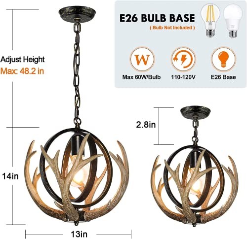 Rustic Antler Chandelier, 14″ Farmhouse Chandelier with Resin 4 Antlers 1 light