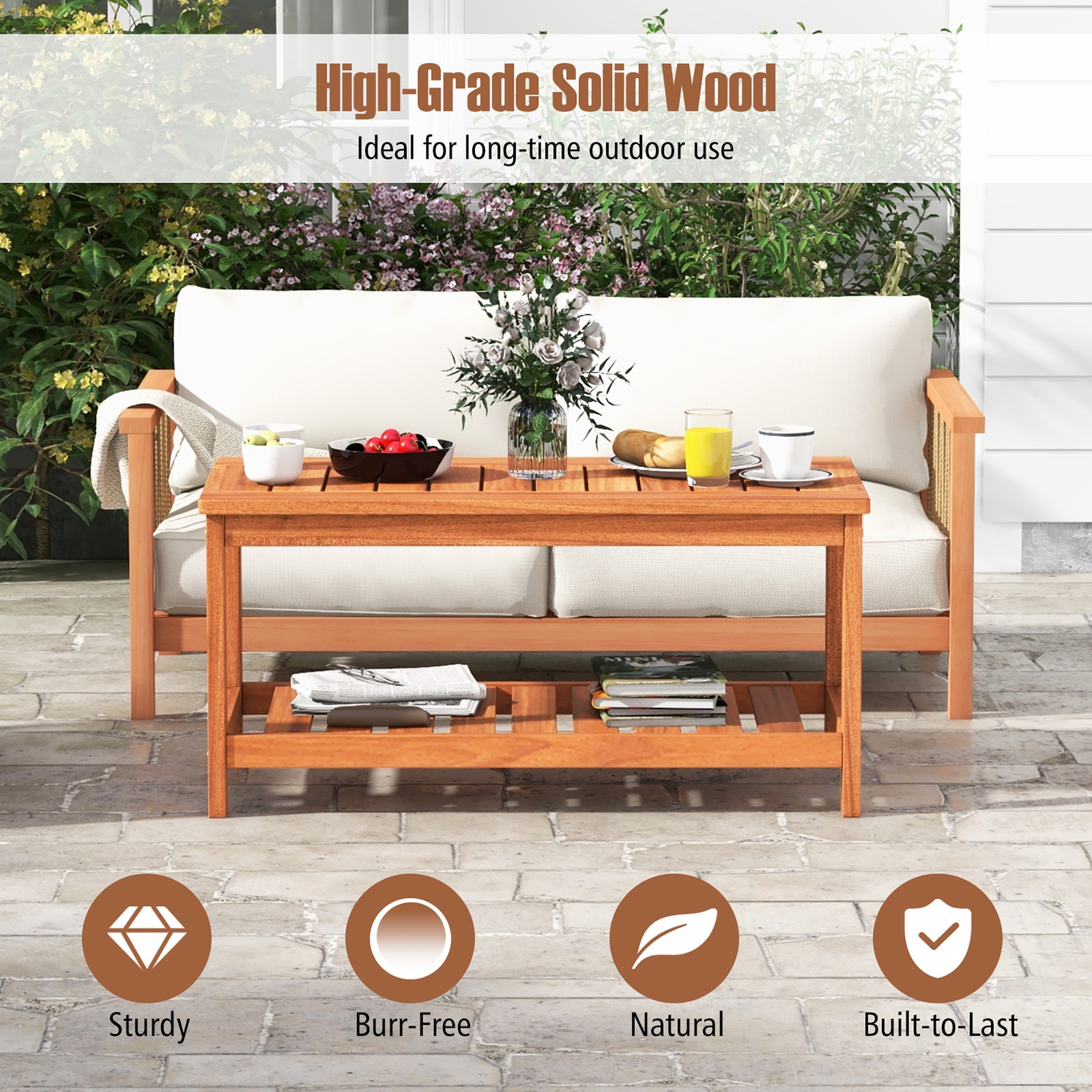 Hardwood Patio 2-Tier Coffee Table w/Slat Tabletop,Storage Shelf Natural