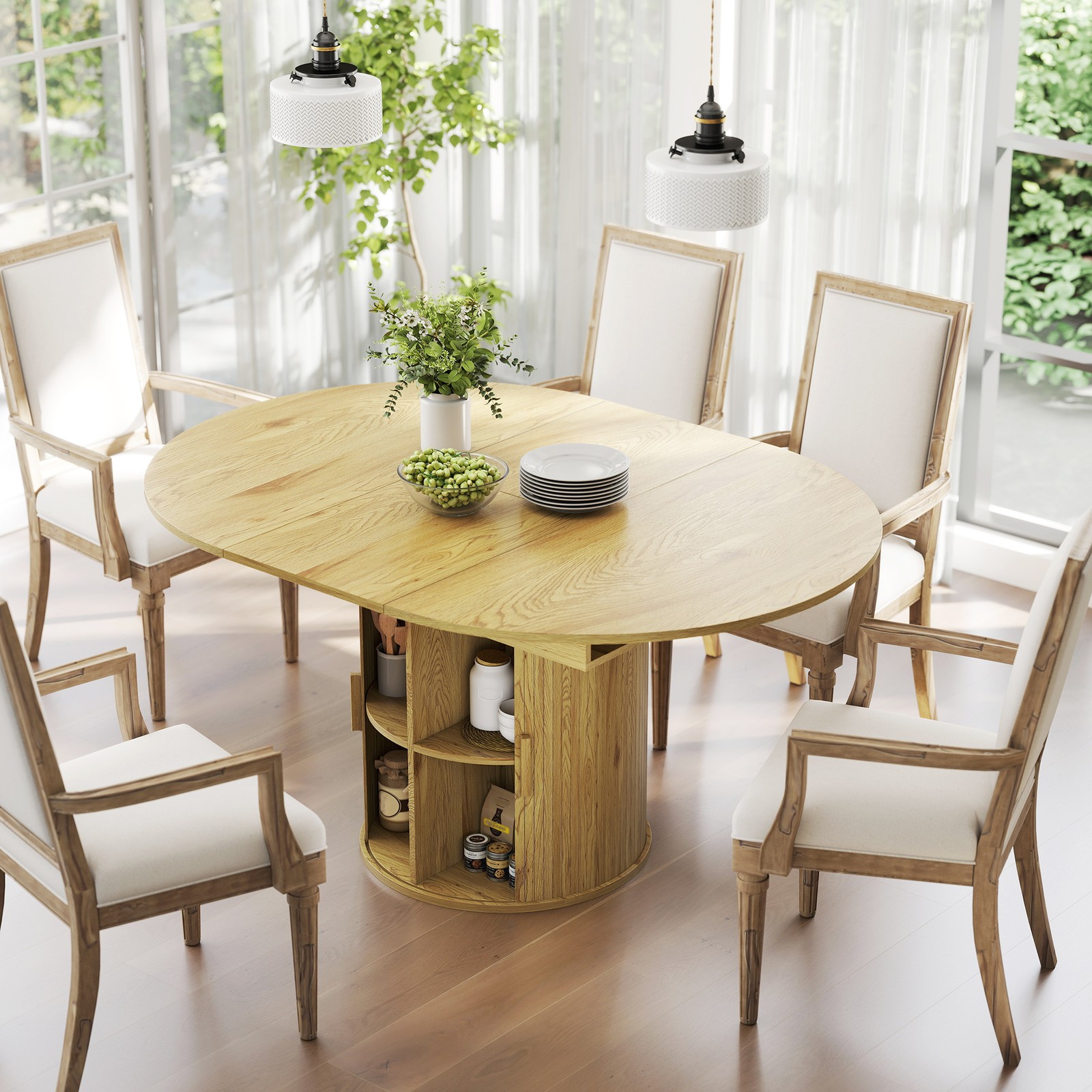 Extendable Dining Table, 60″ Oval Kitchen Table for 6, Natural Wood