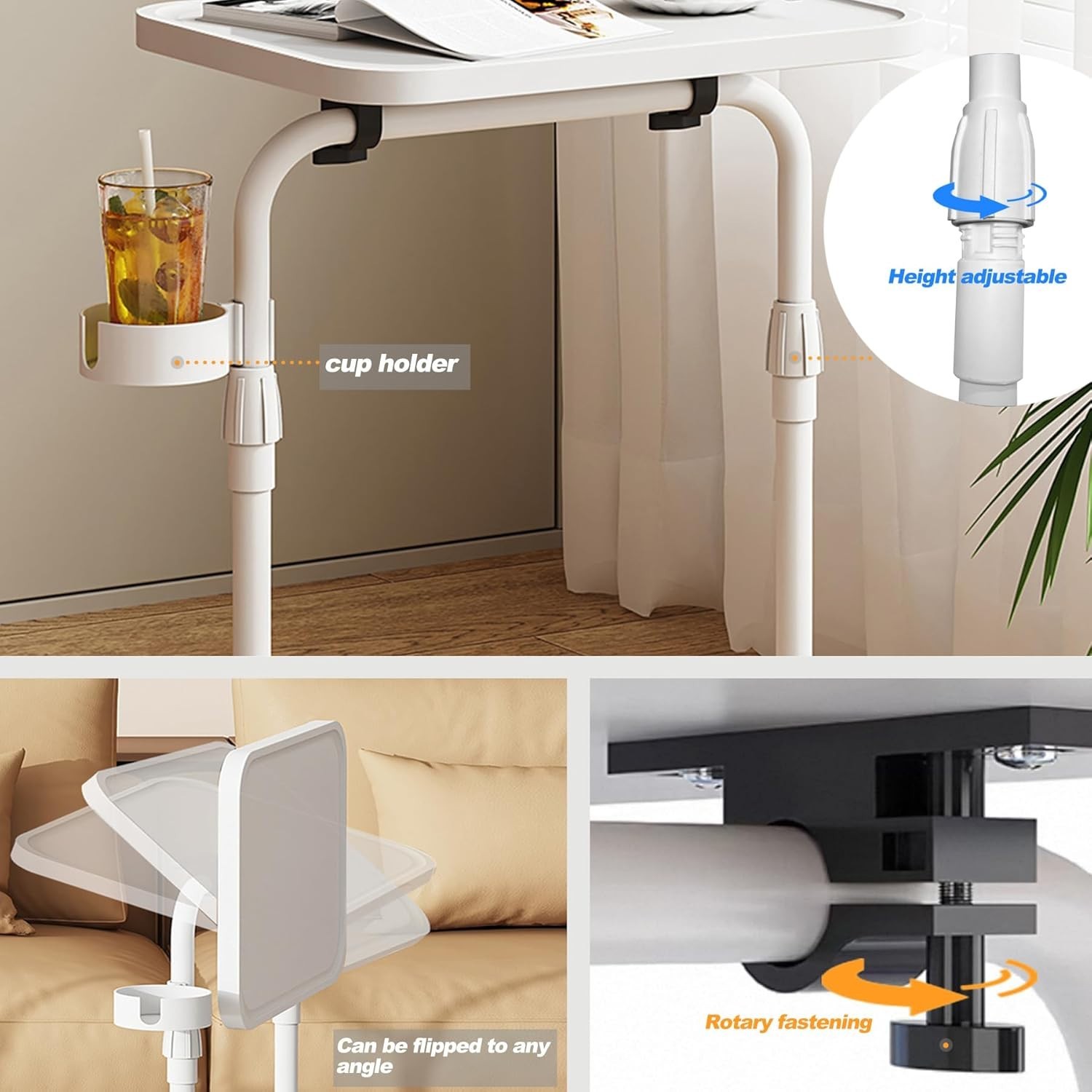 Stylish White C-Shaped Couch Table – Adjustable Height and Space-Saving Design