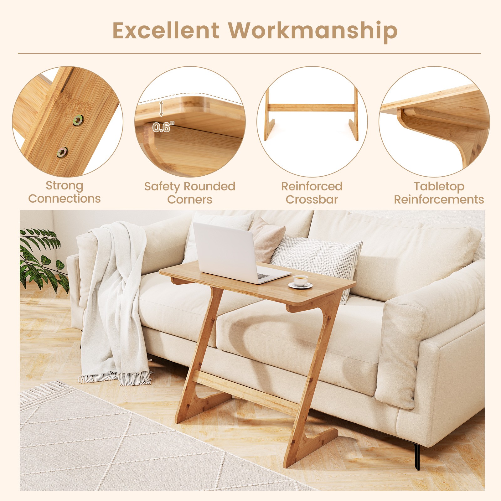 Bamboo Sofa Side Table Z-Shaped Spacious Tabletop Space-Saving TV Snack Tray