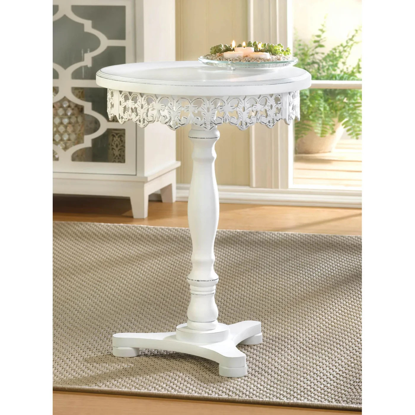 White Flourish Pedestal Table Made Of MDF Wood & Pinewood Home Decor Collection