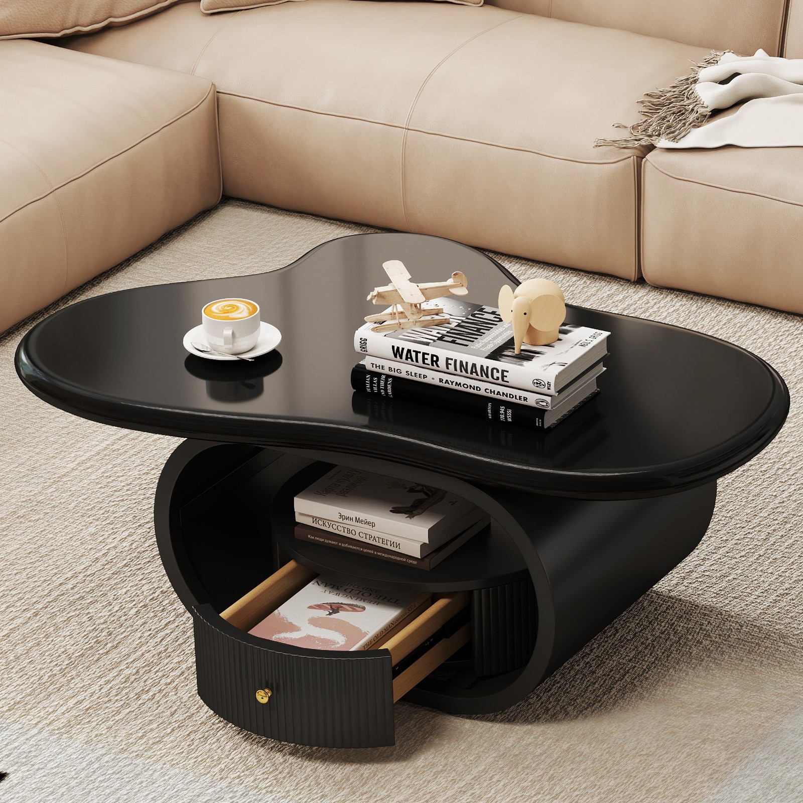 Modern Black 39″ Coffee Table Cloud Center Table MDF Metal w/ Drawer Living Room