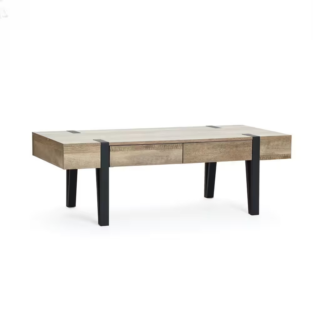 21.69 In. Black Oak Finish Rectangle MDF Coffee Table with Drawers and Metal Fra