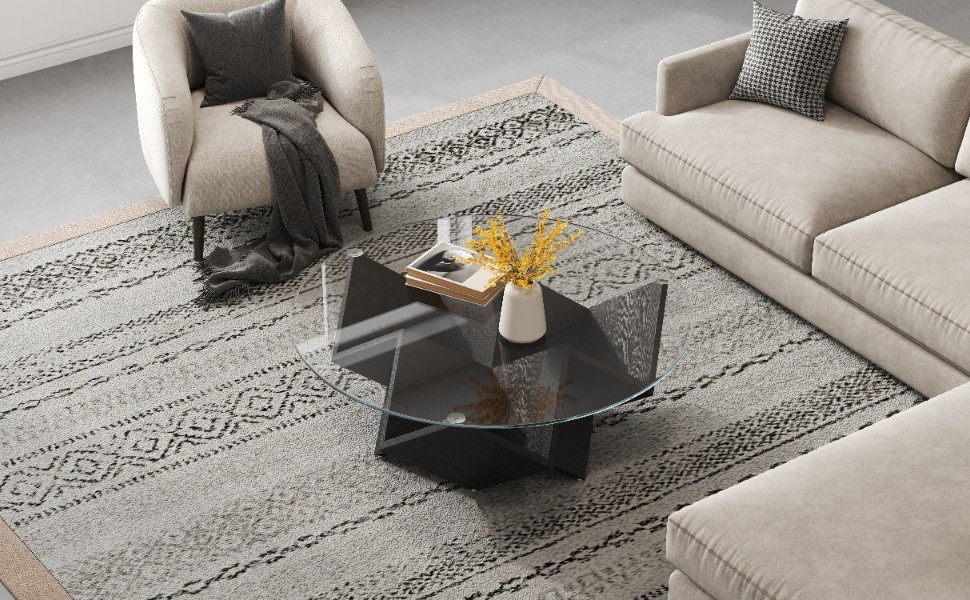 Round Coffee Table with Tempered Glass Top and Geometric Art Deco Storage
