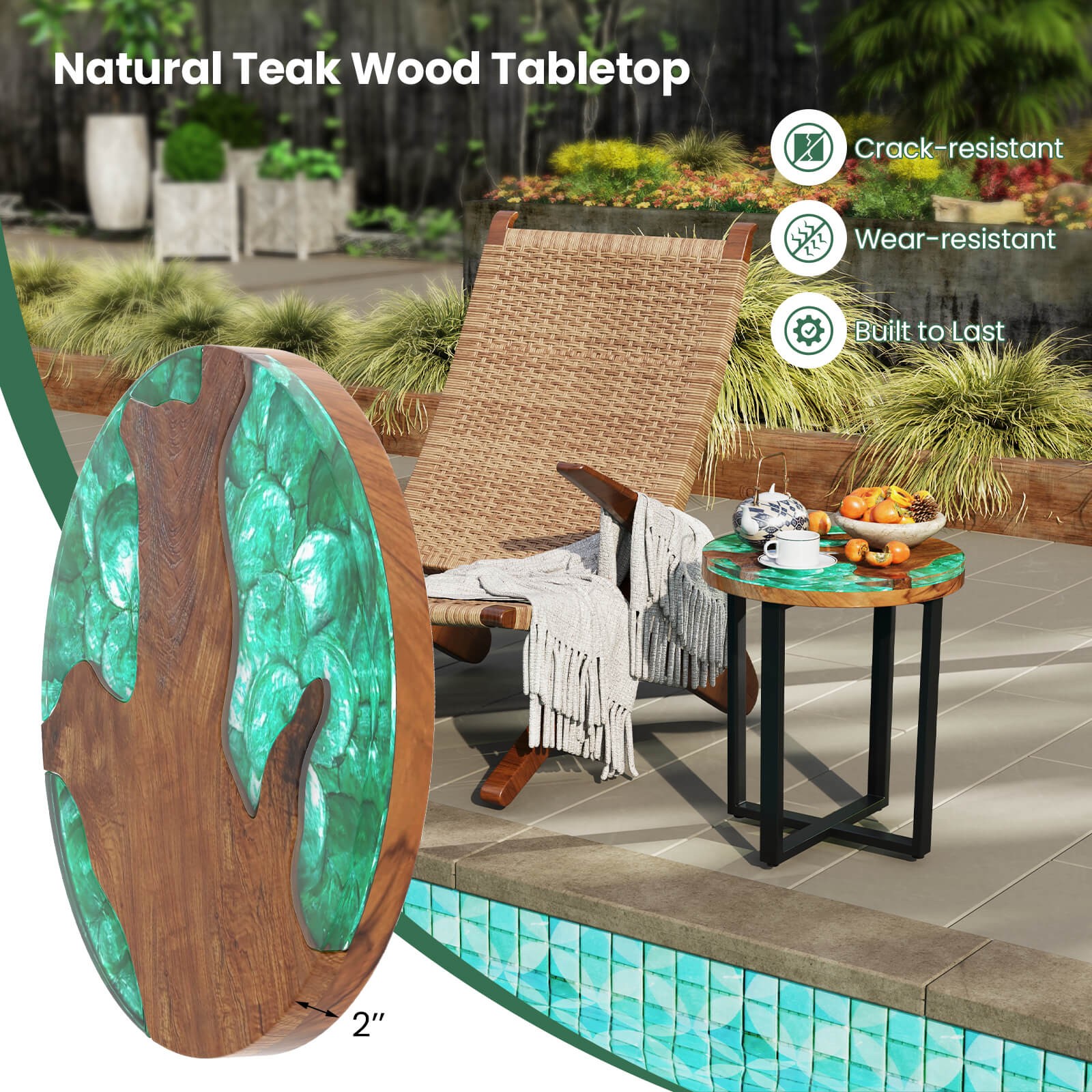 20″ Round Teak Wood End Table Solid Live Edge Outdoor Side Table w/Mahogany Base