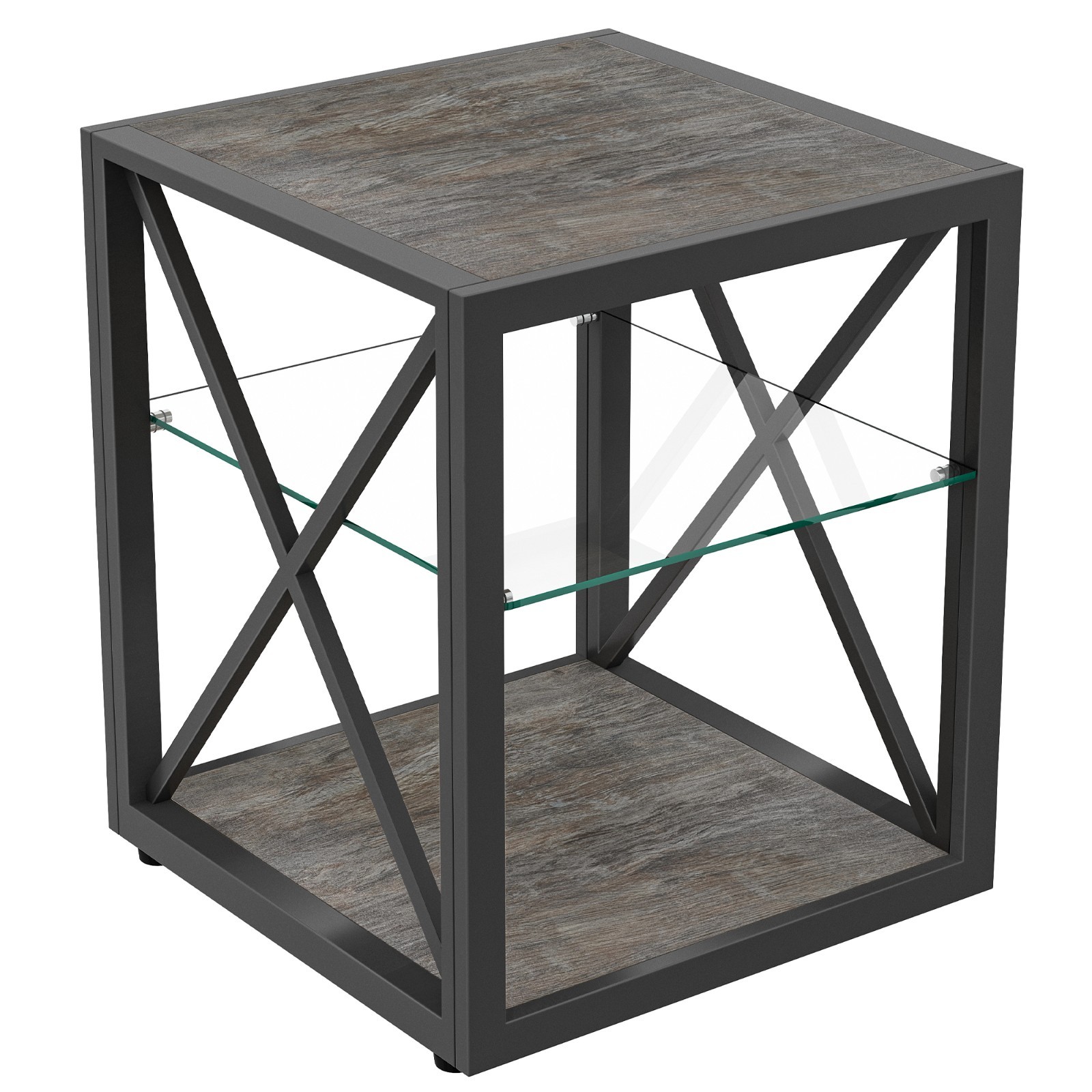 Industrial End Table-Tempered Glass & Wood Grain MDF for Bedroom Living Room