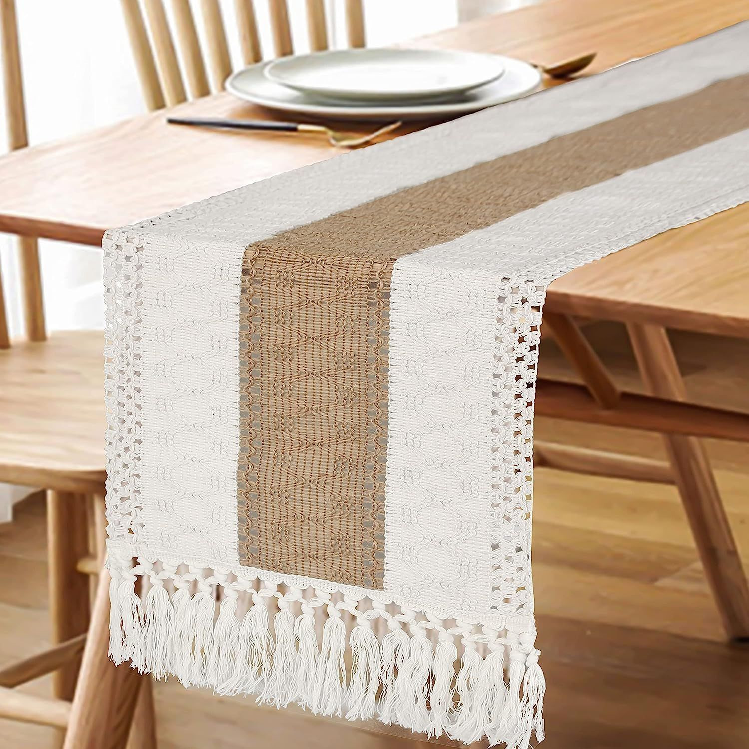 FEXIA Boho Table Runner for Home Decor with Tassels 72 Inches 12×72″, Brown