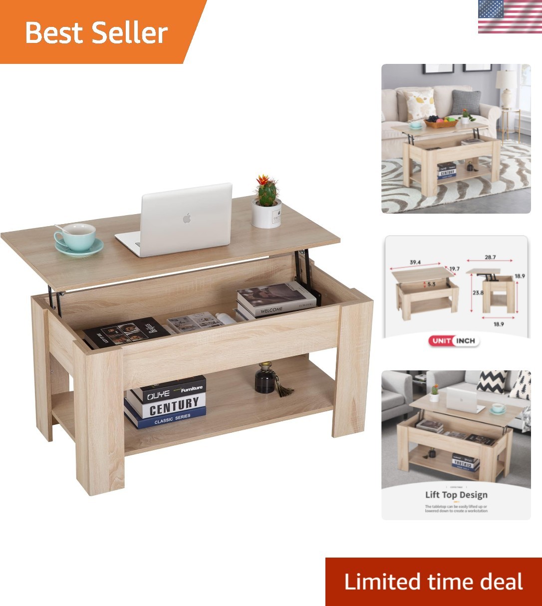 Stylish Lift-Top Coffee Table with Hidden Storage in Grey – 39 Inch Rectangular