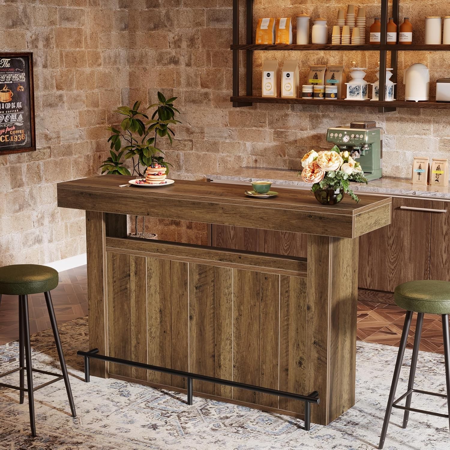 4-Tier Bar Table, 63″ Large Wooden Home Bar Unit with Storage Shelve & Footrest