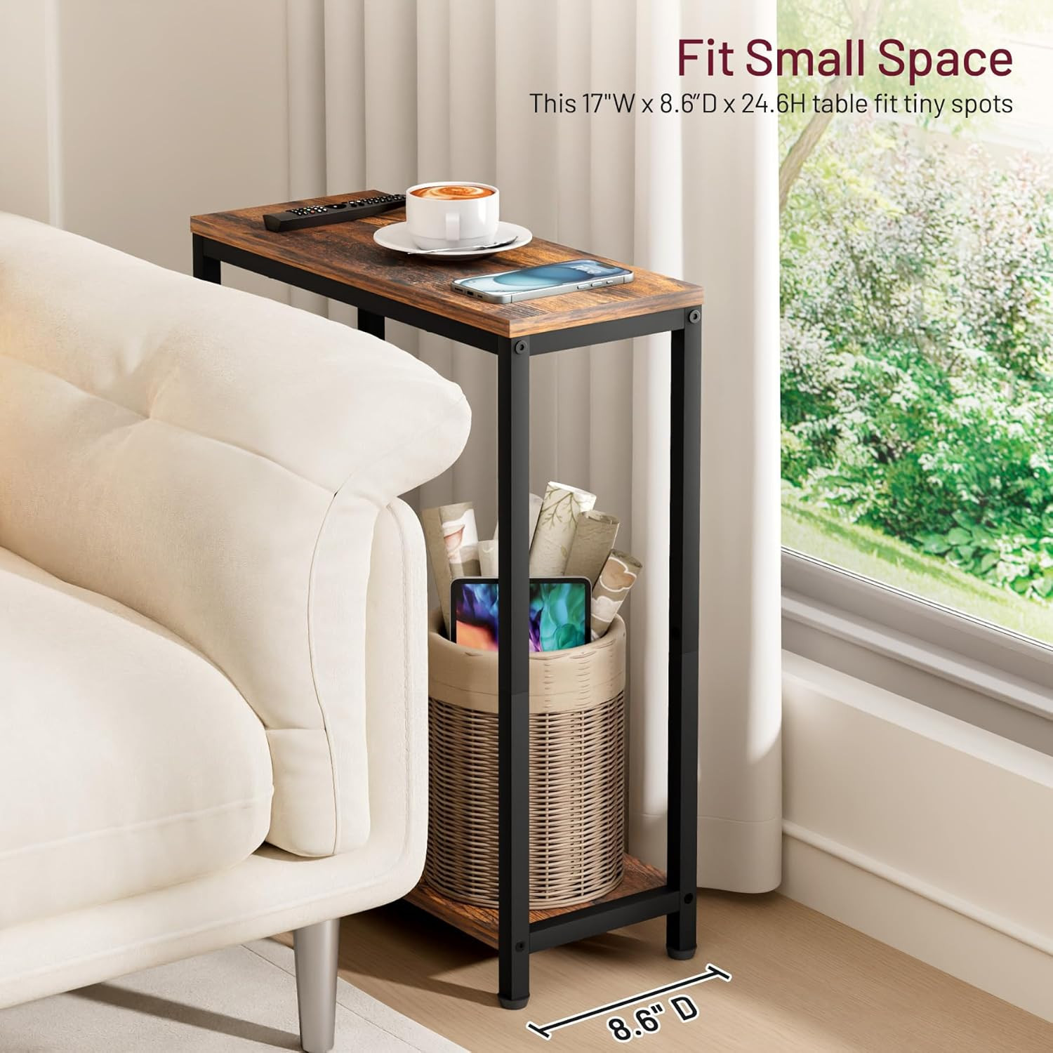 Narrow Small Side Table for Small Space, 2 Tier Sofa Skinny End T