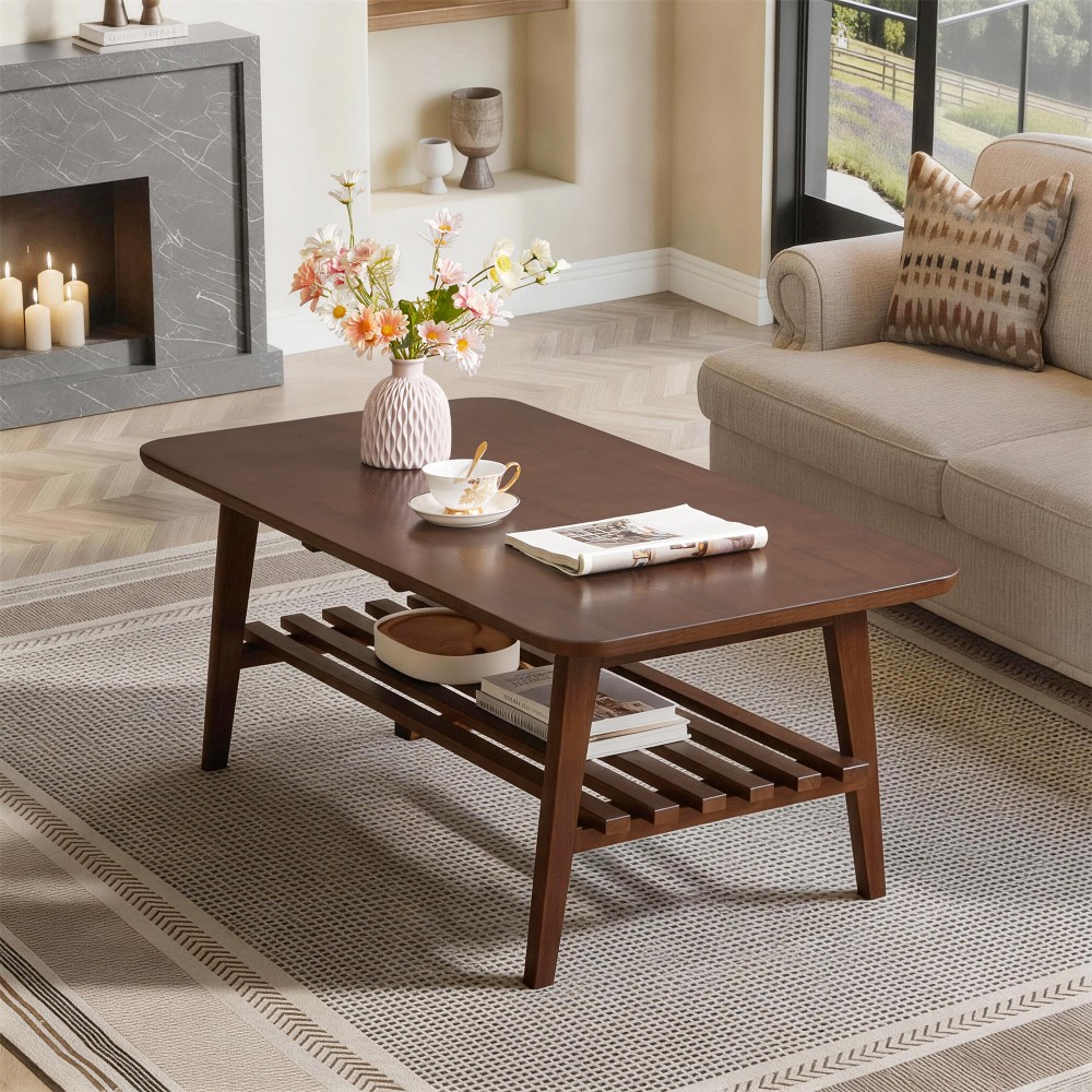 Walnut Brown Wooden Coffee Table, Mid-Century, Rectangular with Storage Shelf