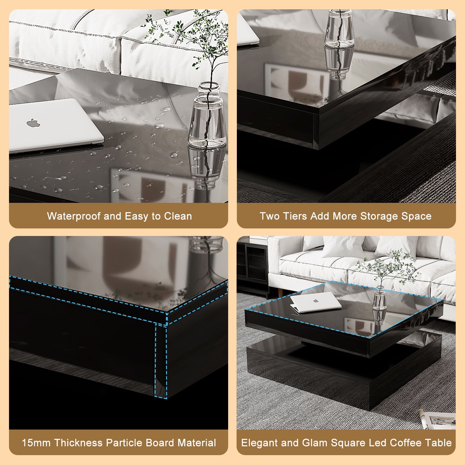 Square LED Coffee Table with 16 Colours Lights Modern 2 Tiers Cocktail Table Liv