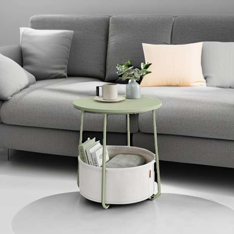 LILEA Collection – Small round Side End Table, Modern Nightstand with Fabric Bas