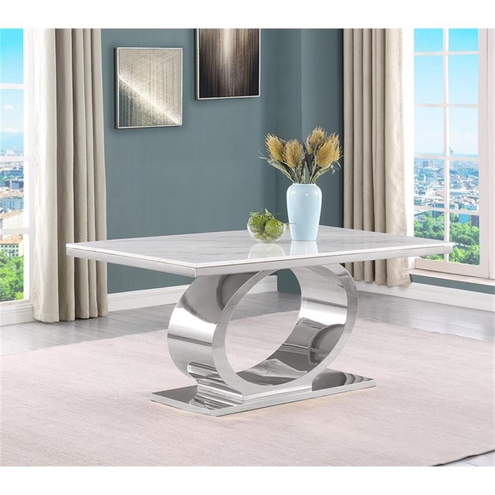 Best Quality Furniture 68″ x 39″ Marble & Stainless Steel Dining Table in White