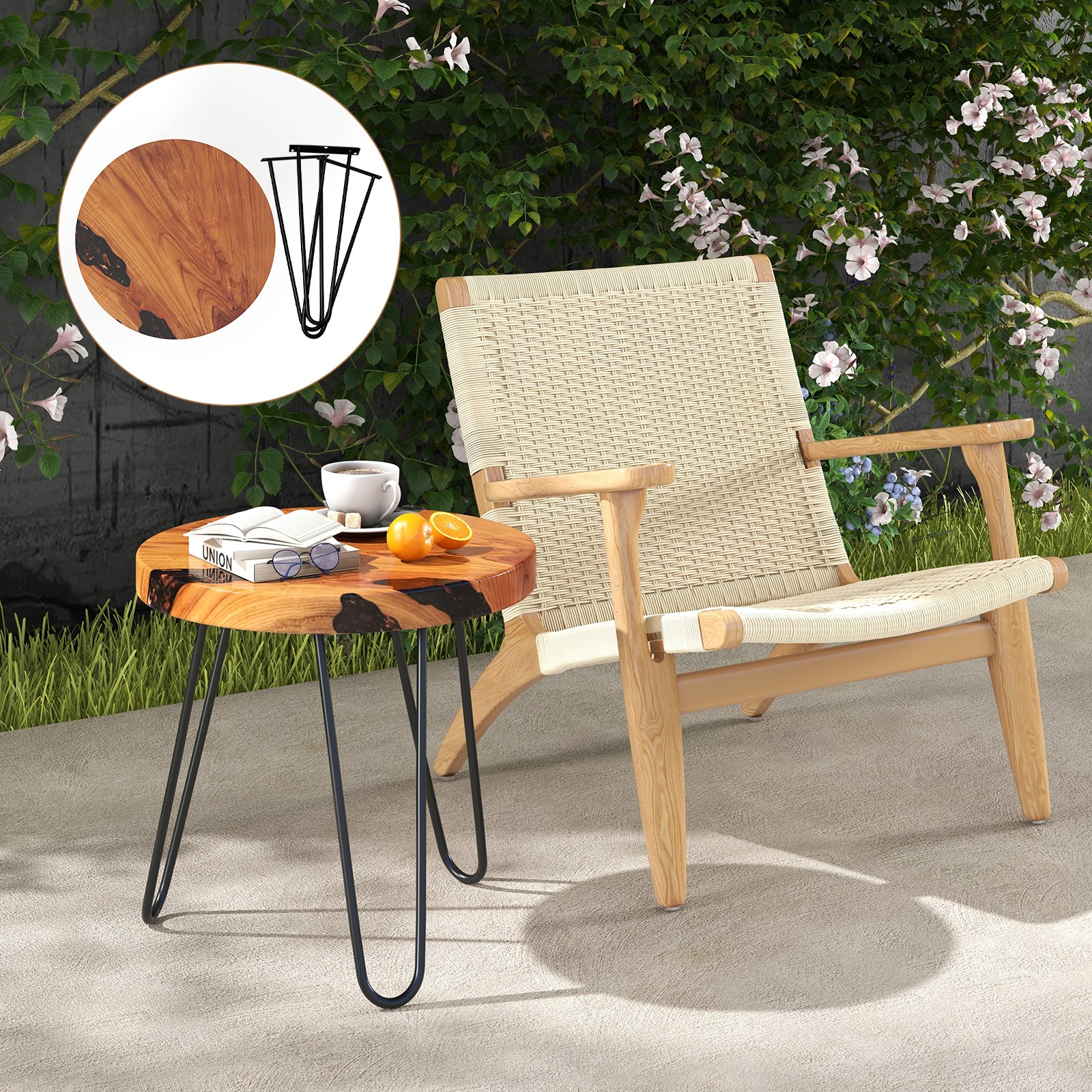 20″ Round Teak Wood End Table Solid Live Edge Outdoor Side Table w/Metal Frame