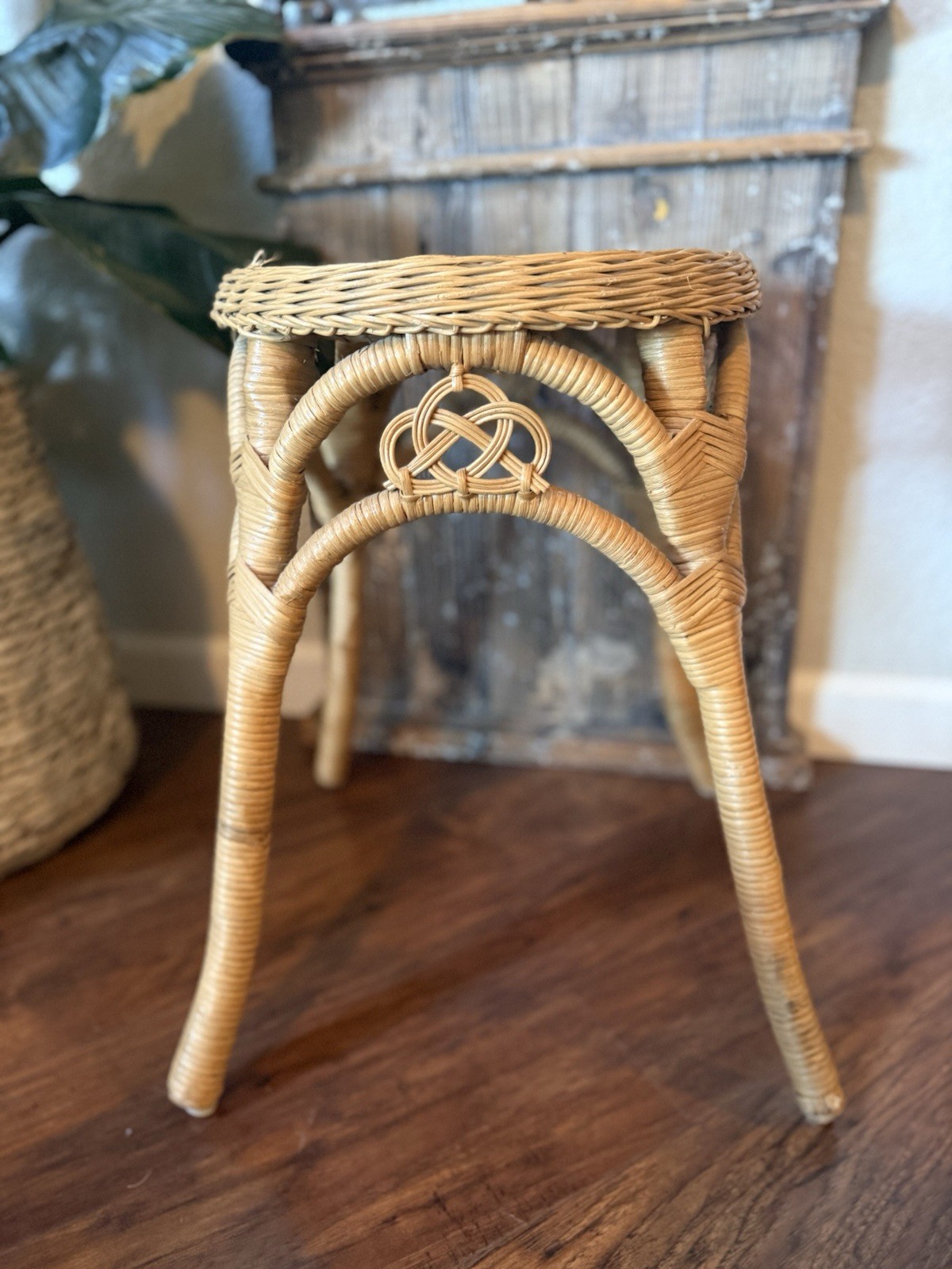 Bamboo And Wicker Rattan Stool, Vintage Bentwood Woven Side Table/Plant Stand