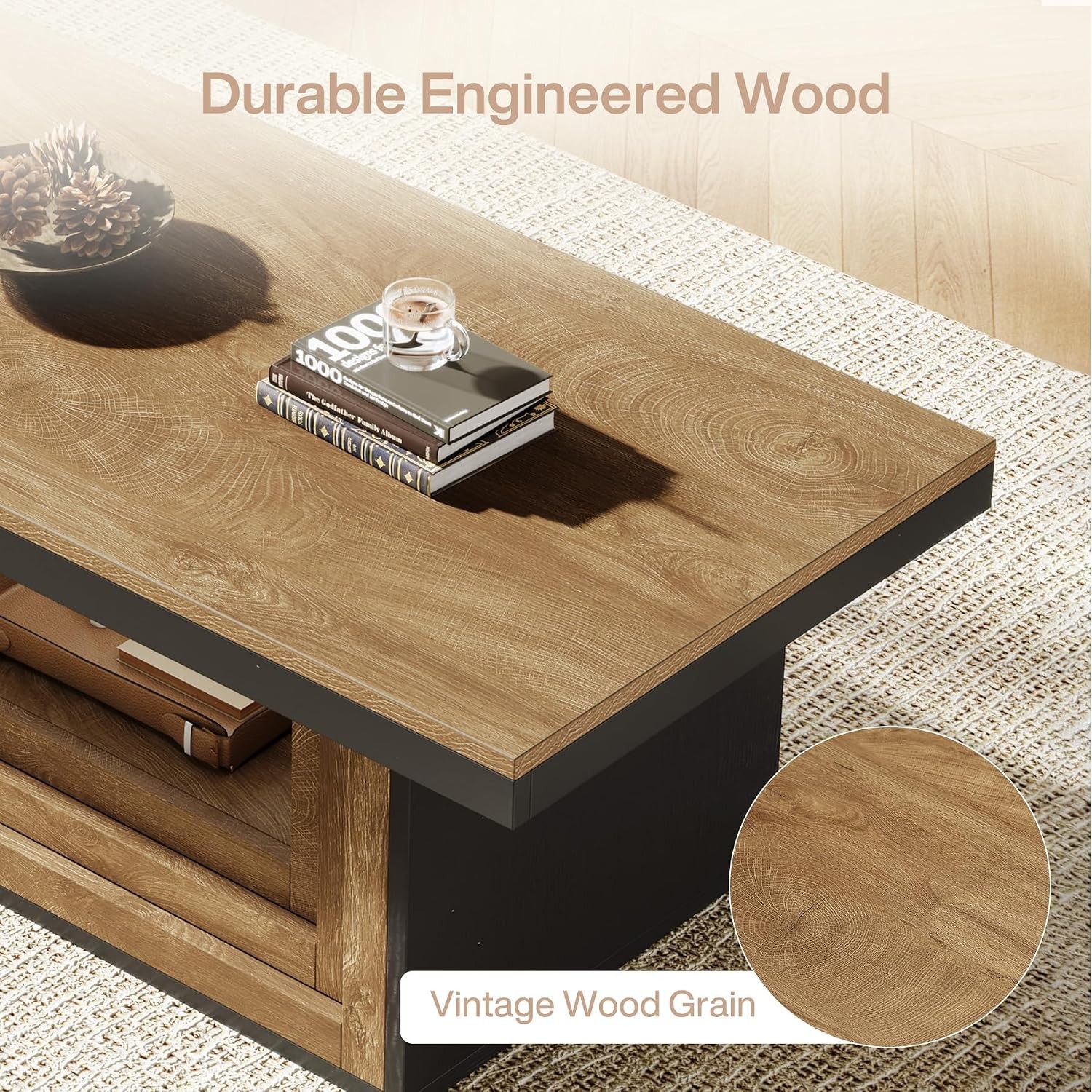 Rectangular Open Storage Coffee Table 120cm Rustic Ribbed Center Table w/ Shelf