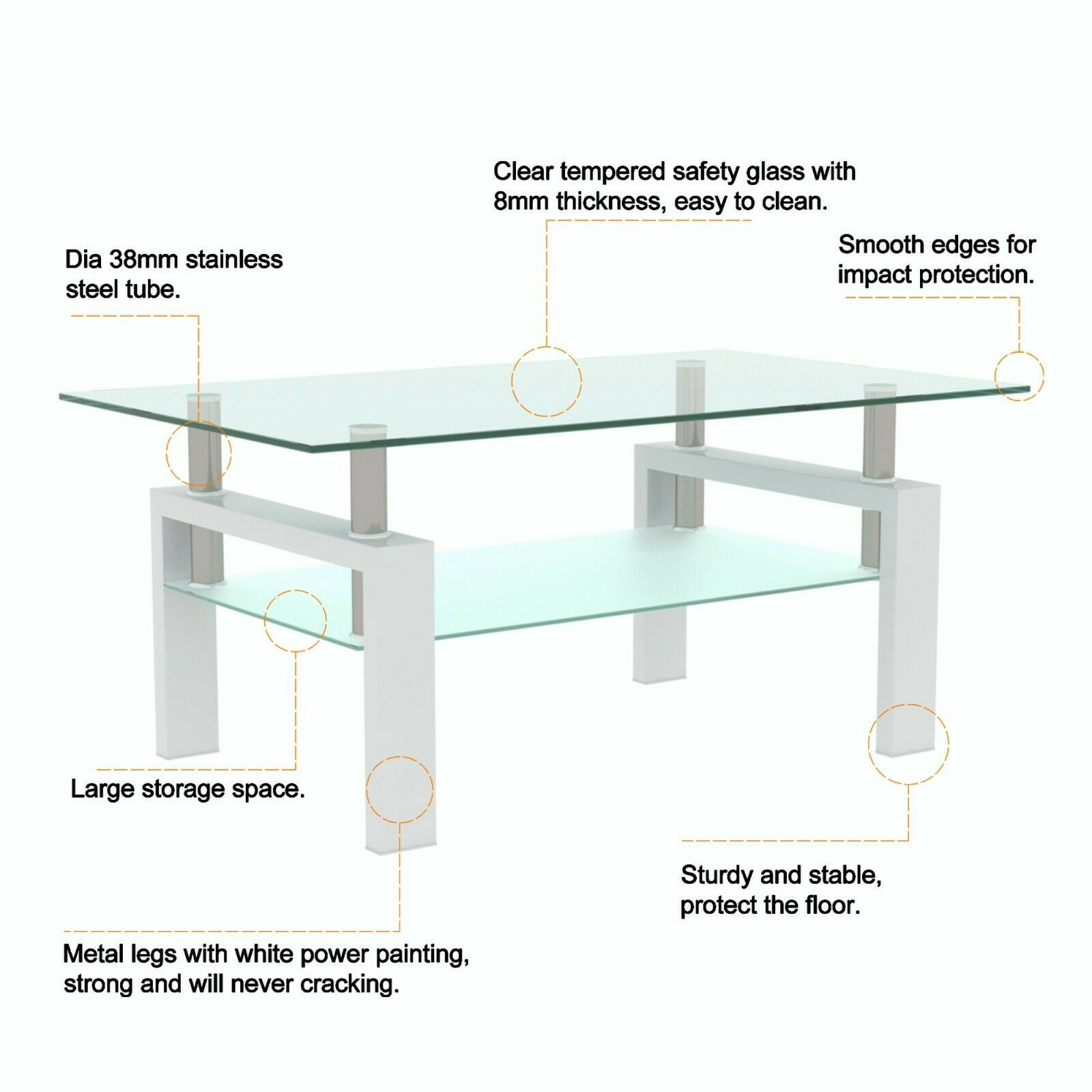 Modern Side Center Tables Rectangle Coffee Table Glass Living Room With Shelf