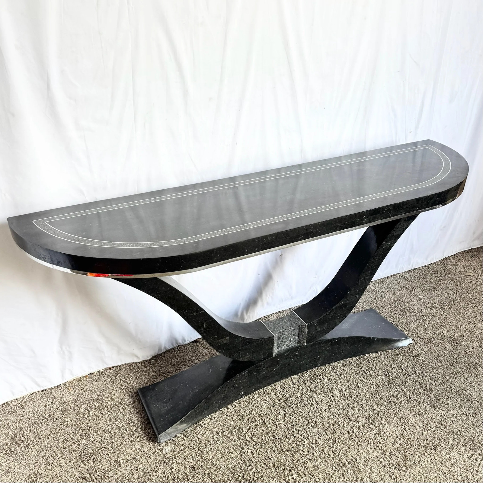 Art Deco Sculptural Black Tessellated Stone a Console Table With Chrome Inlay