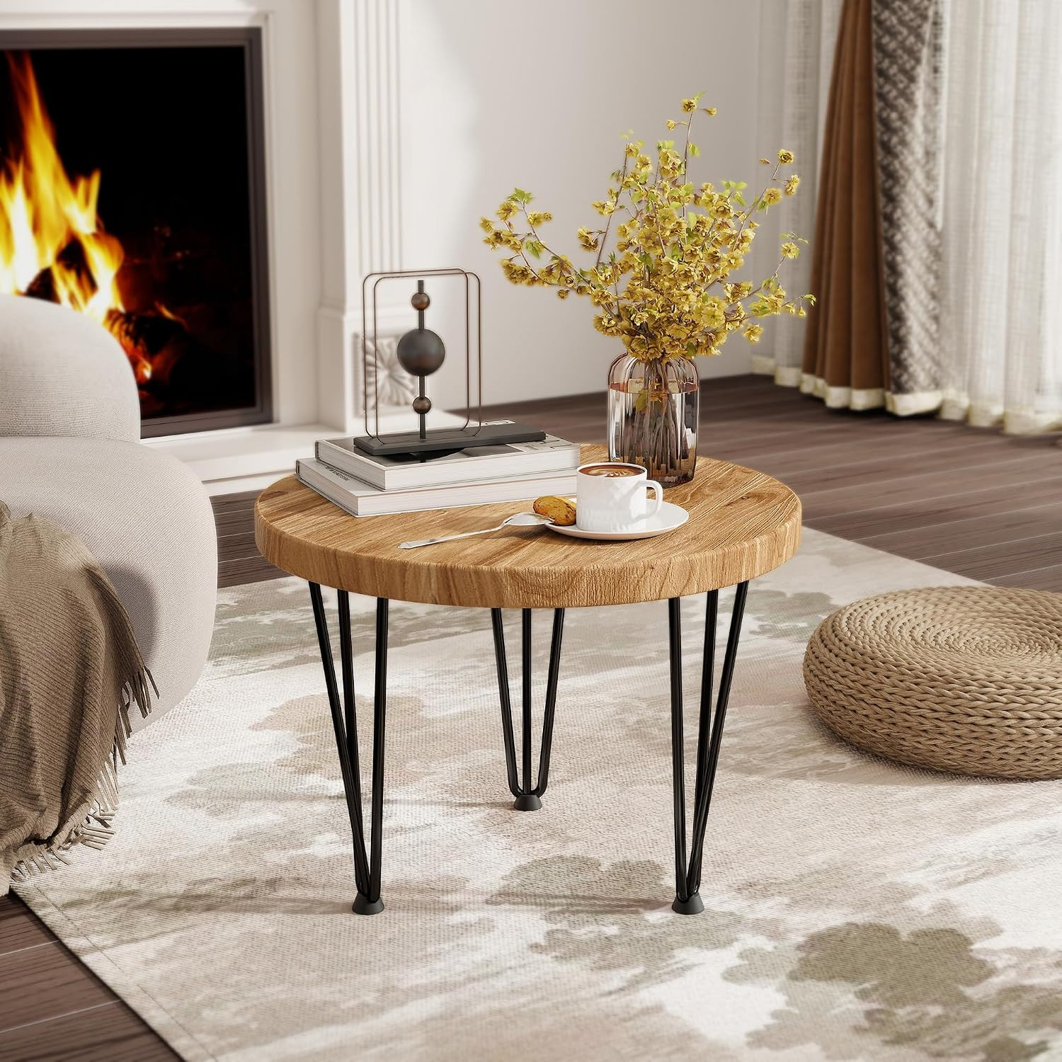 Rustic Elm Wood Round Nesting Coffee Table with Metal Legs – 20″ D x 16″ H