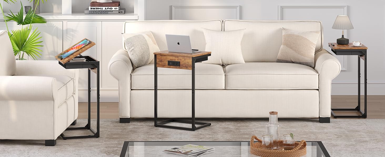 C Shaped End Table with Charging Station, 45° Tiltable Adjustable Flip Top Ta…