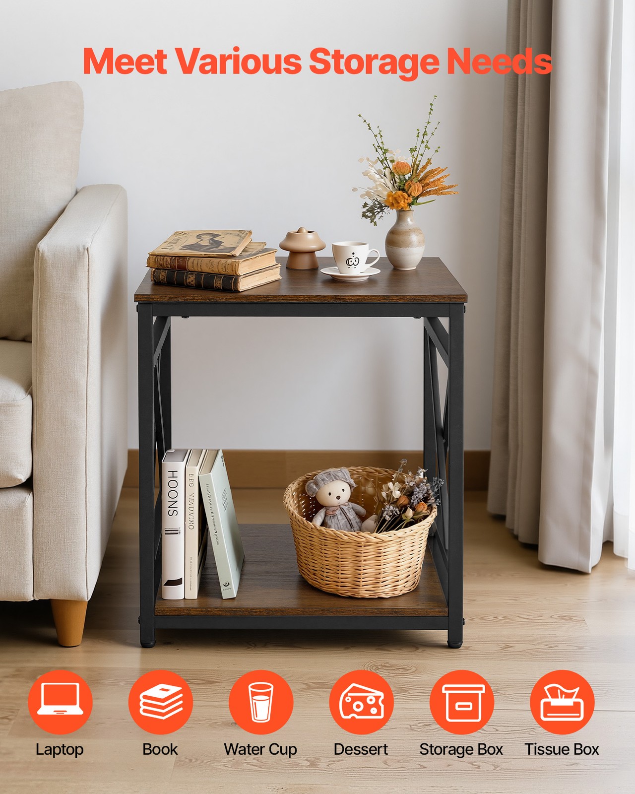 VEVOR End Table 2-Tier Square Side Table with Open Storage Shelves X Metal Frame