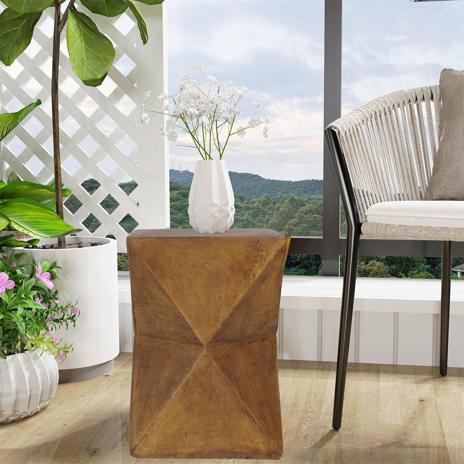 18” Tall Unique Concrete Side Table Decor Outdoor Handmade End Table Geometric