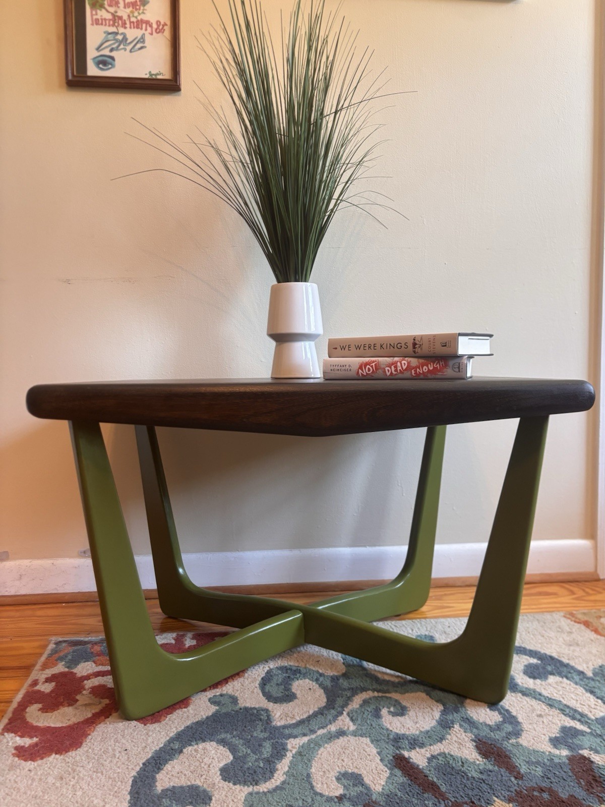Retro style Rectangular Coffee Table Dark Wood Top with Green Base/Legs Indoor
