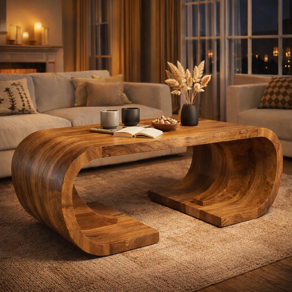 47” Farmhouse Rustic Table C-Shaped Center Table for Living Room Coffee Table