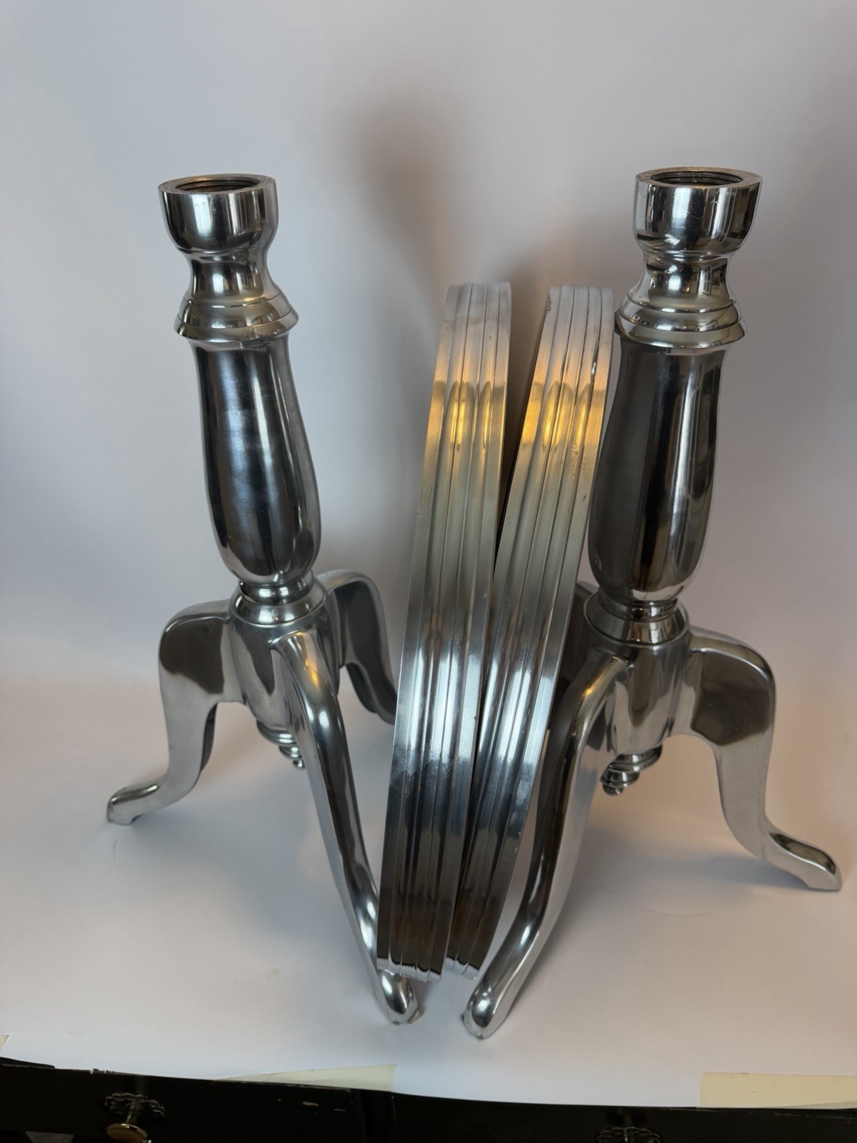 Pair Modern Sculptural Aluminum Pedestal End Tables Contemporary Designer