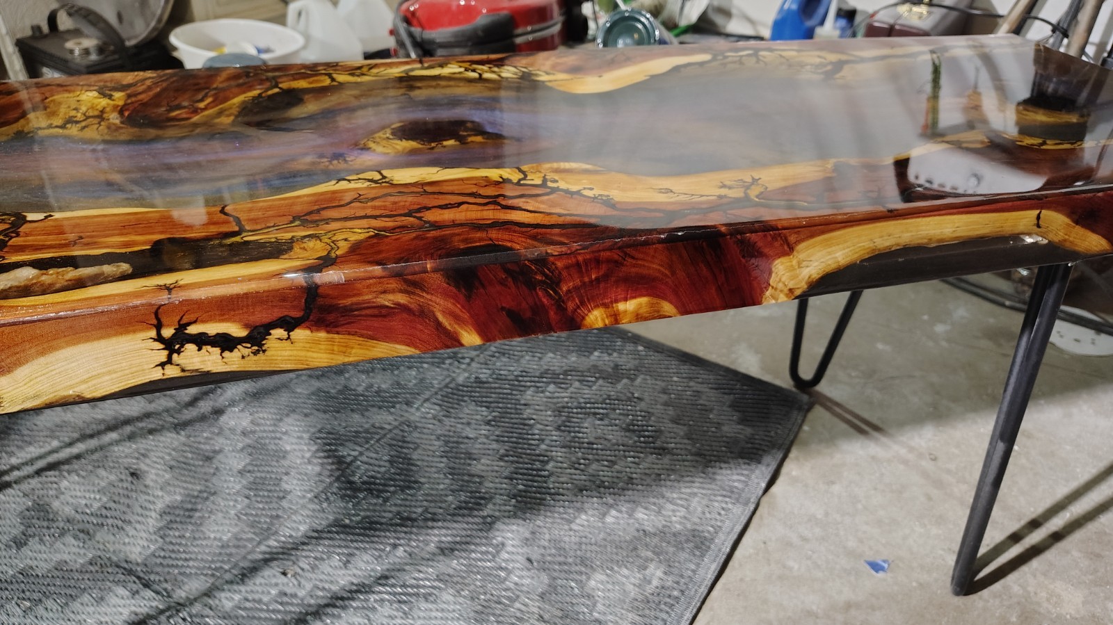 Red Cedar Epoxy Translucent River Table With Electricity Fracked Accents