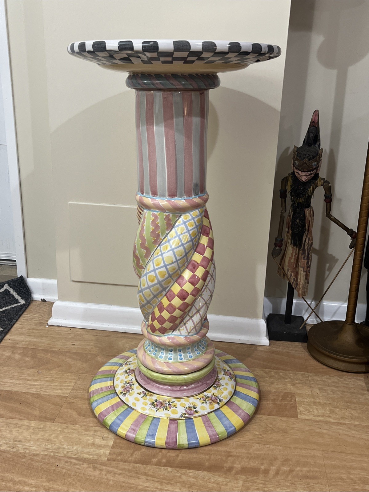 Mackenzie Childs Unique Round pedestal, Plant Stand, Side Table 33” Tall