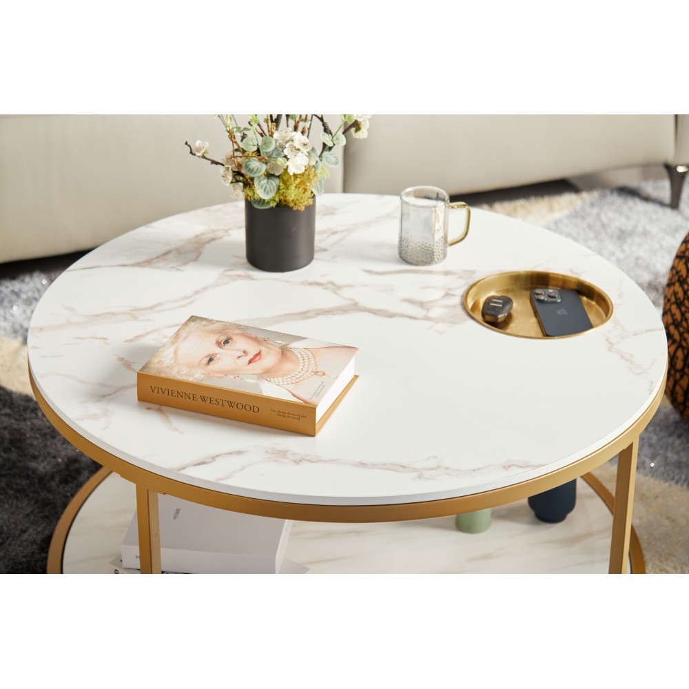 White and gold round coffee table 34.64 in living room coffee table